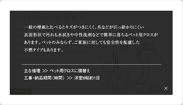 一般の壁紙と比べると傷がつきにくく、爪などが引っ掛かりにくい表面形状で汚れも水吹きや中性洗剤などで簡単に落ちるペット用クロスがあります。ペットのみならず、ご家族に対しても安全性を配慮した不燃タイプもあります。主な修理＞＞ペット用クロスに張替え工事・納品期間(時間)＞＞洋室6帖約1日