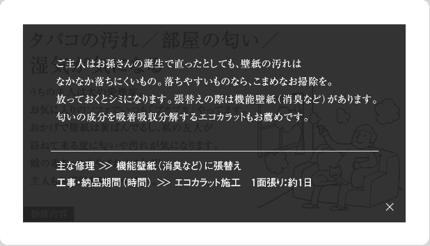 ご主人はお孫さんの誕生で直ったとしても、壁紙の汚れはなかなか落ちにくいもの。落ちやすいものなら、こまめなお掃除を。放っておくとシミになります。張替えの際は機能壁紙(消臭など)があります。匂いの成分を吸着吸収分解するエコカラットもお薦めです。主な修理＞＞機能壁紙(消臭など)に張替え工事・納品期間(時間)＞＞エコカラット施工　１面張り：約1日
